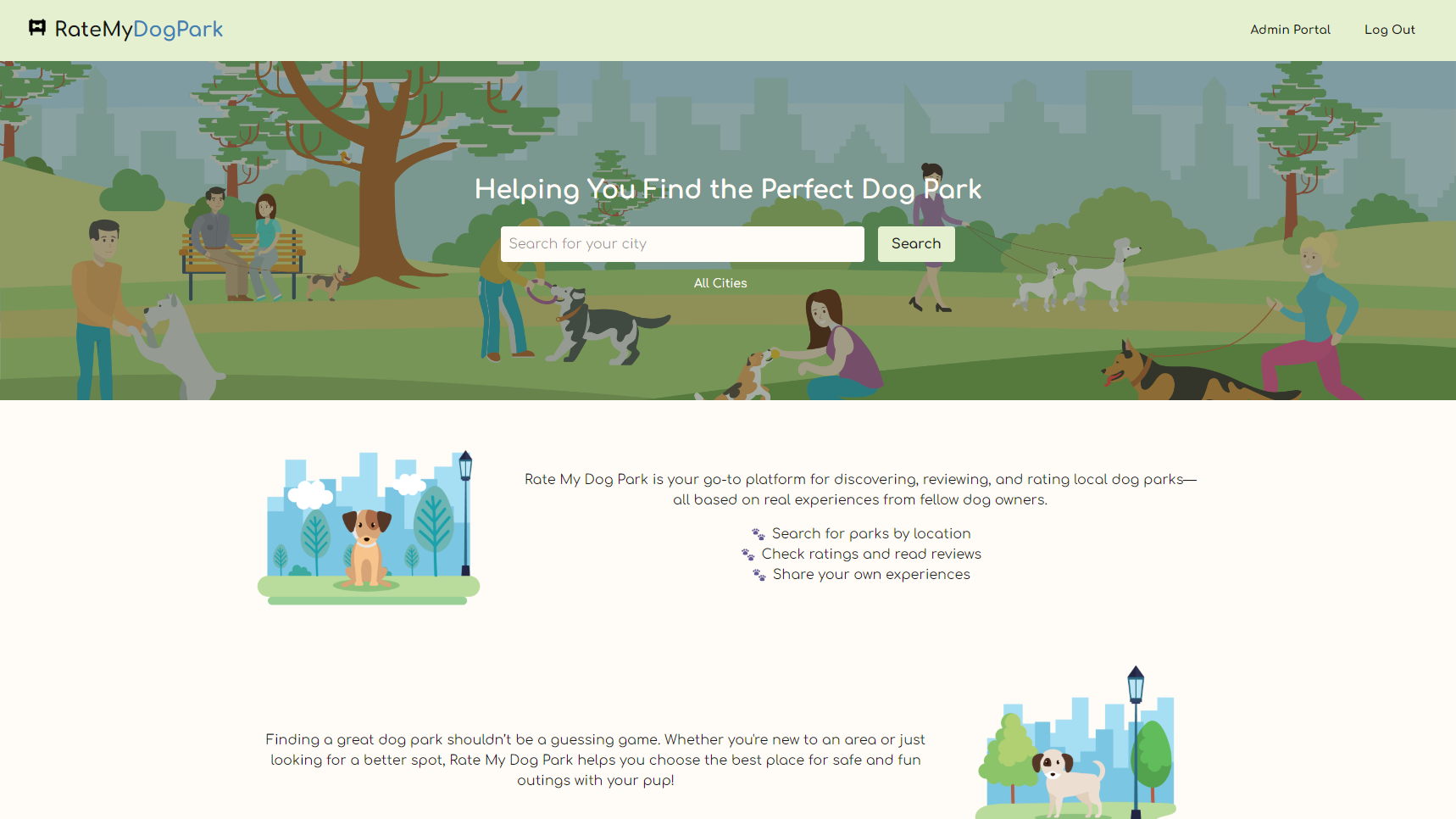 Rate My Dog Park homepage displaying search bar and list of popular dog parks