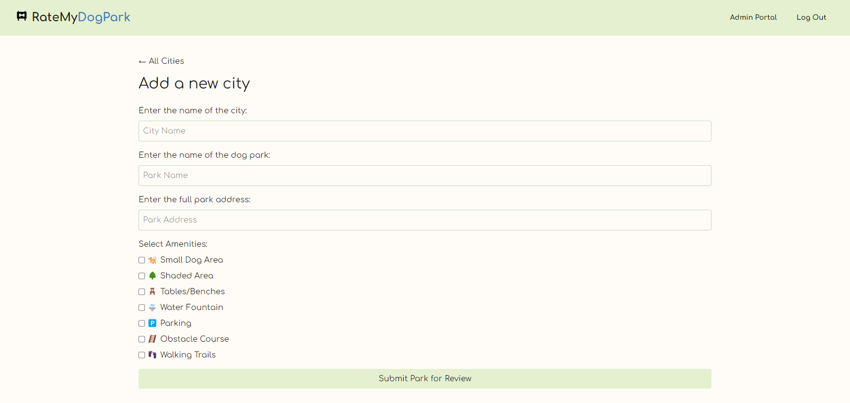 New park submission page with a form for entering park name, location, and amenities.