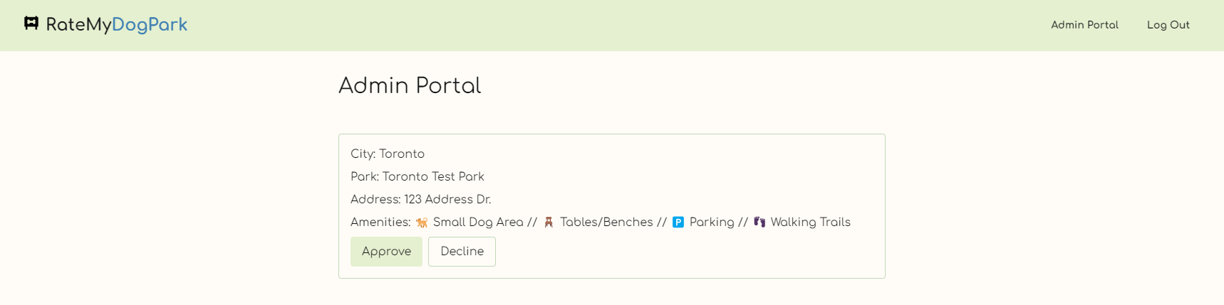 Admin dashboard with a list of newly submitted parks awaiting approval.