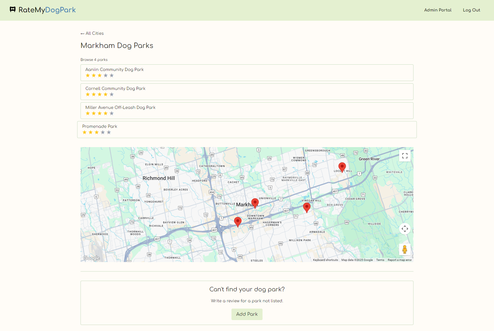 City page displaying a list of dog parks with average ratings alongside a map with location markers.