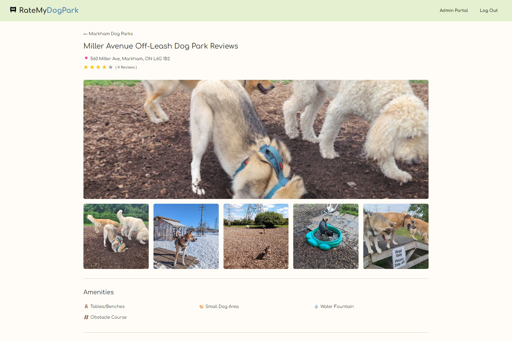 Dog park profile page displaying park name, address, average rating, photo gallery and amenities.