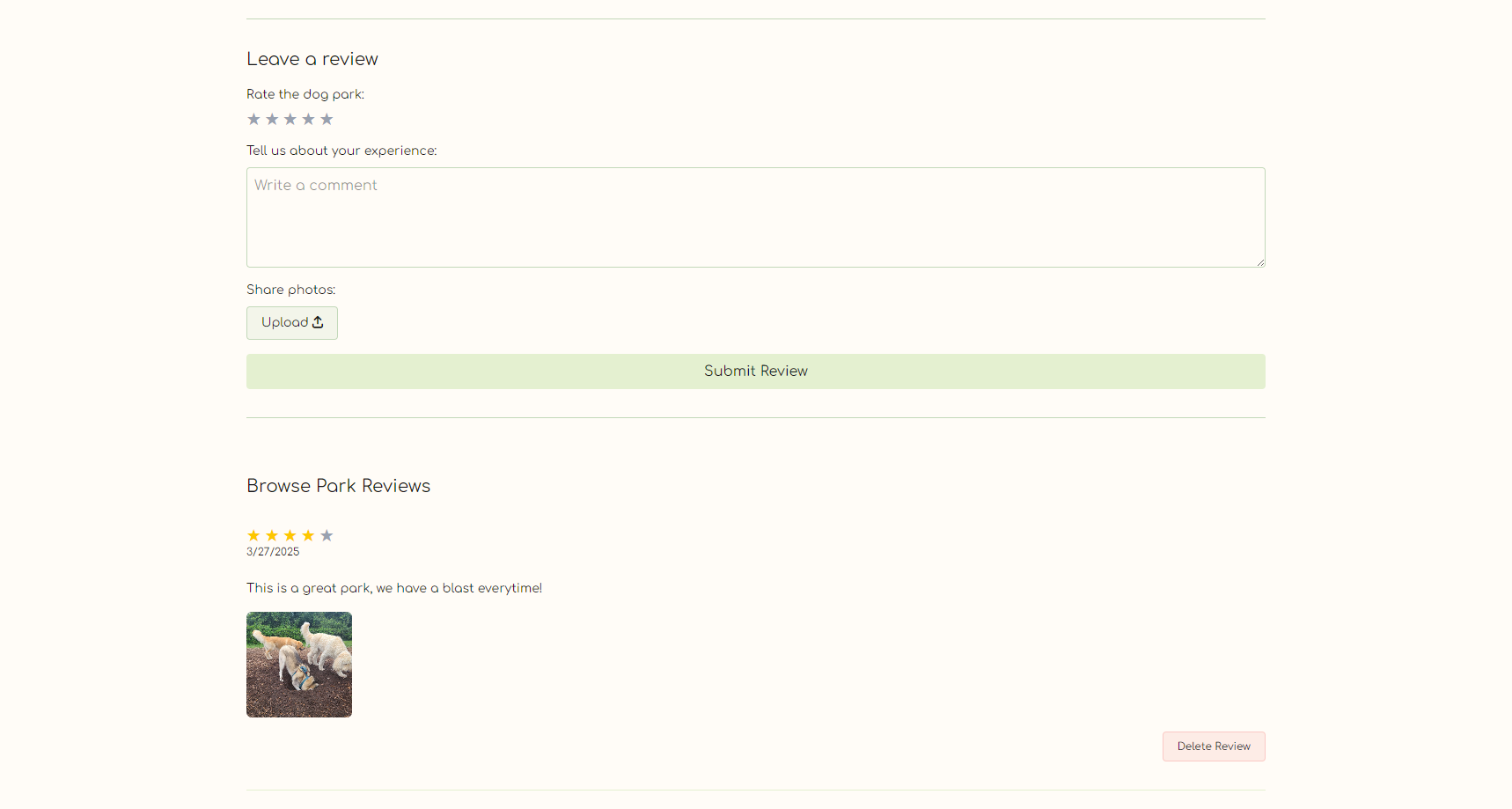 Dog park profile page with a review submission form followed by a list of user reviews.