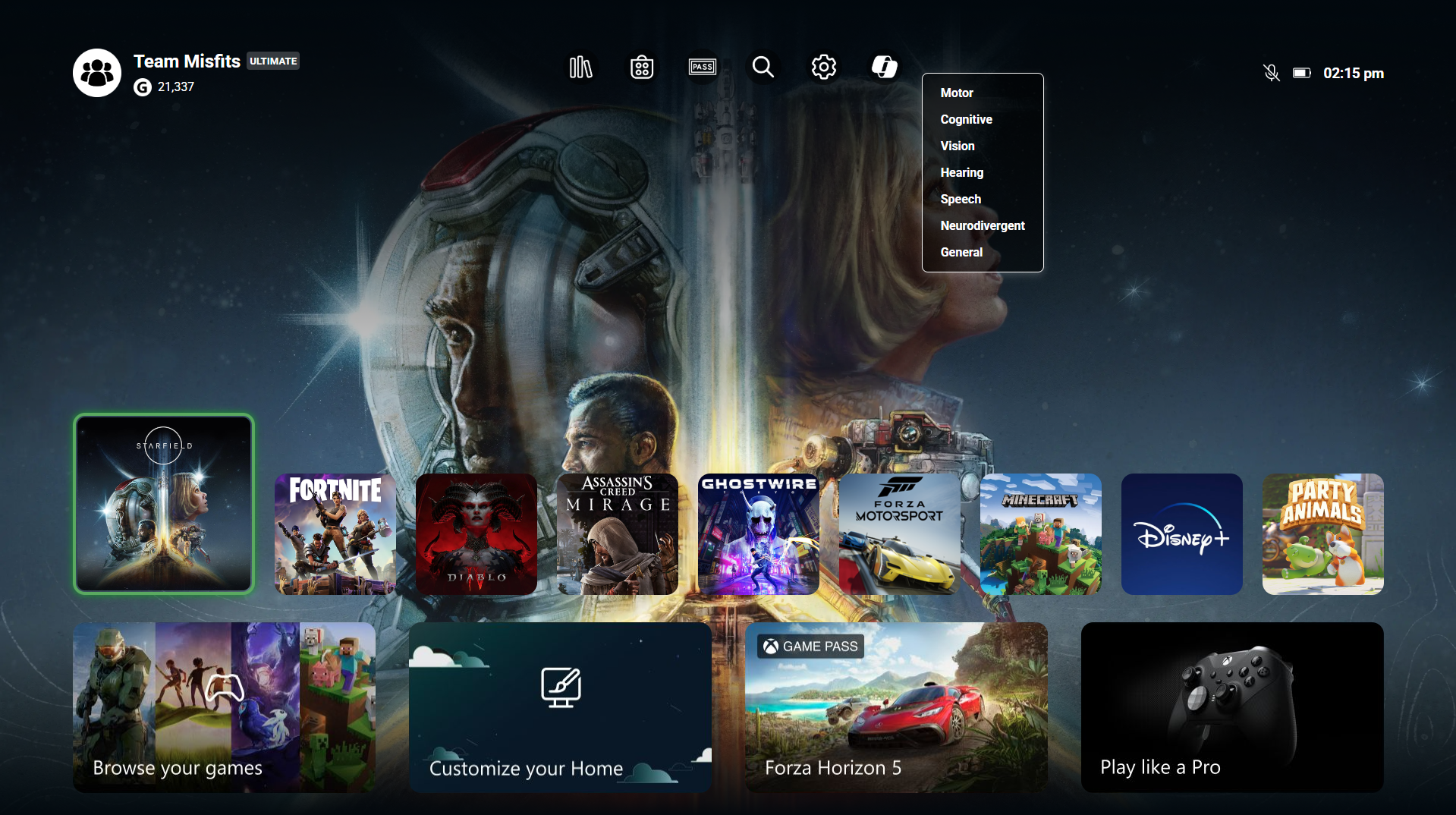 Xbox dashboard displaying AI powered interface